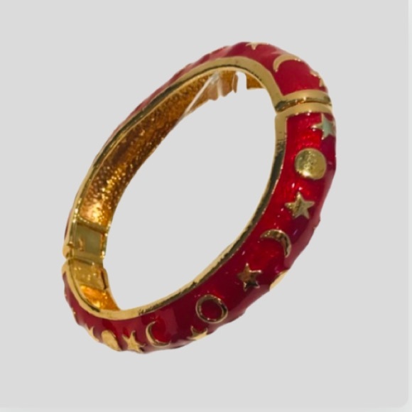 “Kenneth Jay Lane” red enamel with gold stars, moons bangles bracelet cuff - Picture 5 of 8